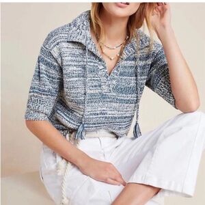 ANTHROPOLOGIE Heathered Blue and Gray “Carlotta” Collared Short Sleeve Sweater